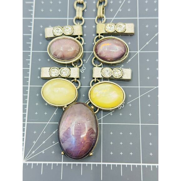 Womens Statement Necklace Iridescent Purple Yellow Cabochon Silver Tone Jewelry - Picture 8 of 9